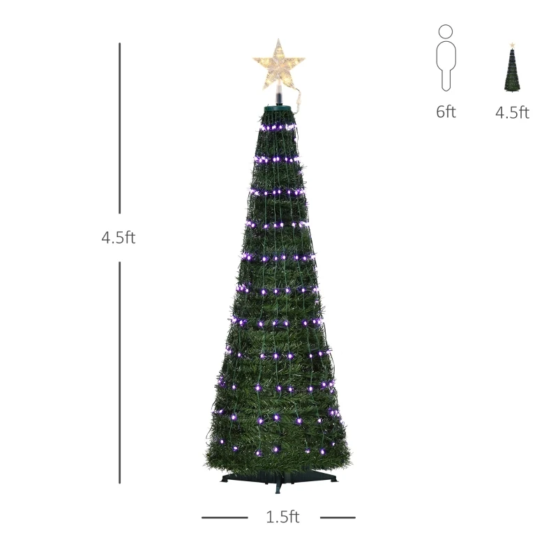 Outsunny 4.5' Tall Pre-lit Slim Artificial Outdoor Christmas Tree Easy Assembly Pull Up Pop Out Yard Decoration with 176 Multi-Color LED Lights