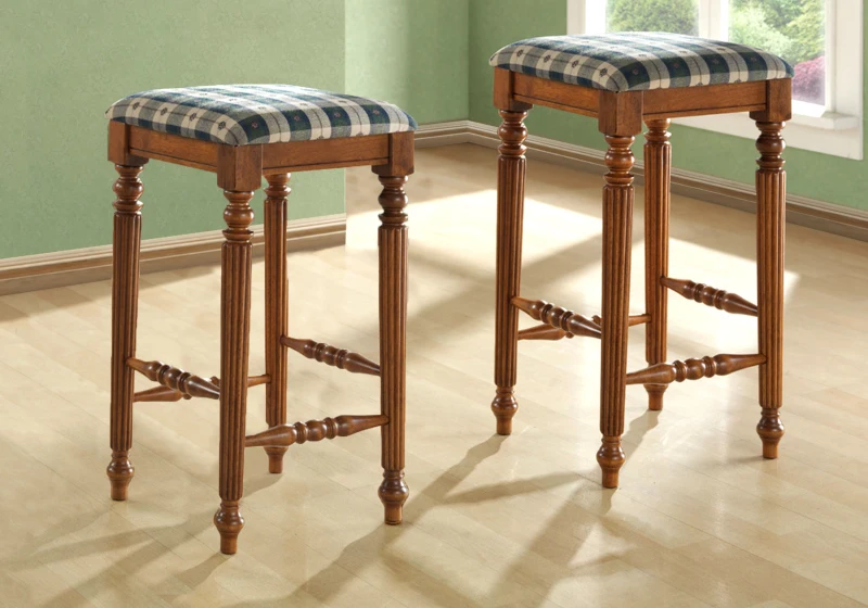 Monarch 29" Georgian Style Wood Bar Stool Set with Cushioned Seats with Gingham Fabric Covers - Set of 2 - Dark Oak with Green / Cream Fabric Covers