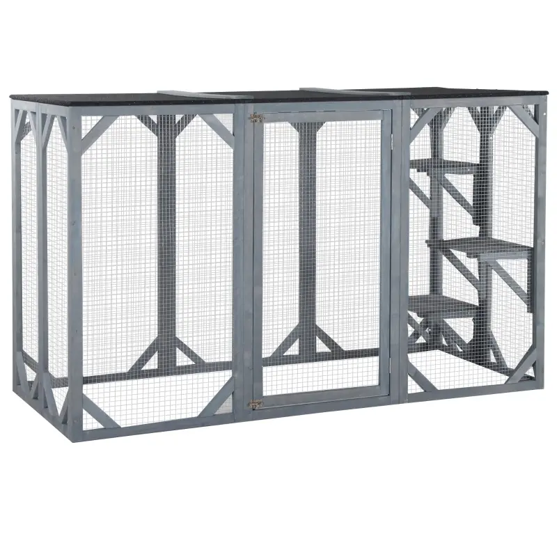 PawHut 71" x 32" x 44" Large Wooden Outdoor Cat Enclosure Catio Cage With 3 Platforms, Grey