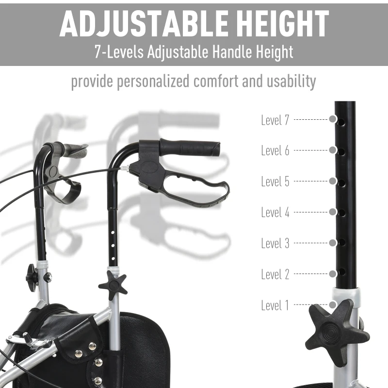 HOMCOM Steel Walker for Seniors, Three Wheel Adjustable Height Rollator with Handbrakes and Storage Bag