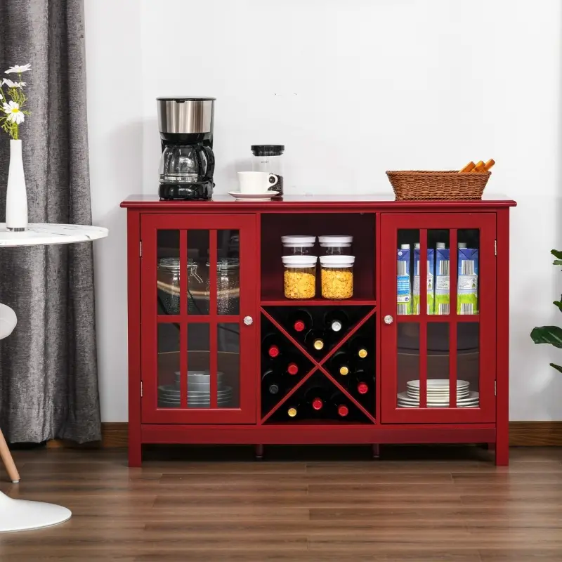 HOMCOM Sideboard, Glass Door Serving Buffet Cabinet, Liquor Cabinet with 12 Bottle Wine Rack, Red