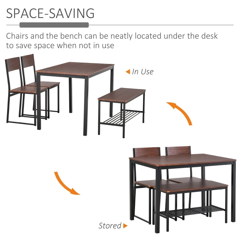 HOMCOM Industrial 4 Piece Dining Room Table Set with Bench Wooden Kitchen Table and Chairs w/ Storage Rack for Kitchen, Dinette, Rustic Brown/Black