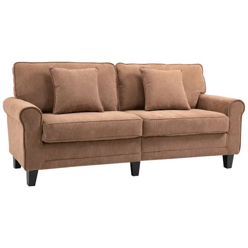 HOMCOM Modern 3-Seater Sofa 78" Thick Padded Comfy Couch with 2 Pillows, Corduroy Fabric Upholstery, Pine Wood Legs and Rounded Arms for Living Room, Brown