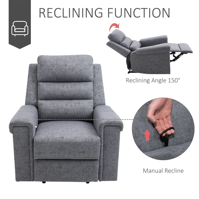 HOMCOM Modern Recliner Chair Linen Fabric Single Sofa Home Theater Seating with Overstuffed Armrest and Back, Grey