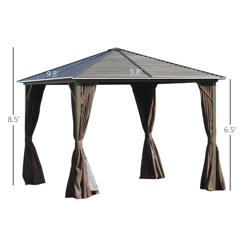 Outsunny 10' x 10' Hardtop Gazebo with Curtains and Netting, Permanent Pavilion Metal Roof Gazebo Canopy with Aluminum Frame, for Garden, Patio, Backyard, Deck, Dark Brown