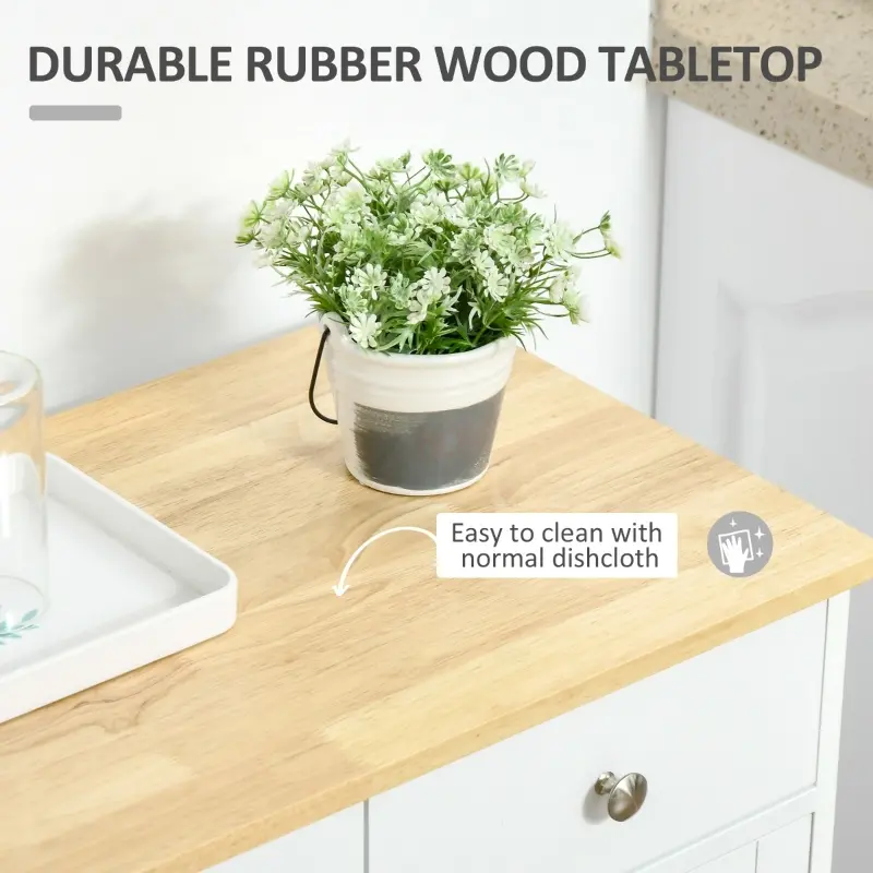 HOMCOM Kitchen Storage Cabinet, Sideboard Floor Cupboard with Solid Wood Top, Adjustable Shelf, and 2 Drawers for Living Room, and Hallway, White