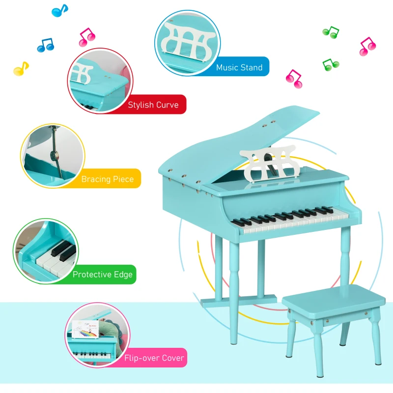 HOMCOM Modern Kids Piano 30 Keys Set of 2 Mini Toy for Child Grand Piano with Music Stand and Bench - Green