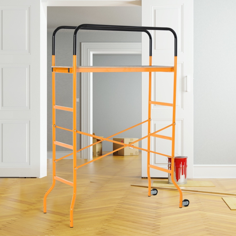 HOMCOM Steel Scaffold Work Platform 4-Step Ladder Indoor Decoration w/2 Wheels
