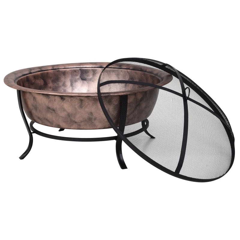 Outsunny 35" Large Steel Round Patio Fire Pit Outdoor Wood Log Burning Heater with Poker & Mesh Cover Copper Basin Firepit
