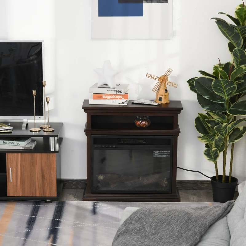 HOMCOM Electric Fireplace with Shelf, Storage Rack, Side Console Table, LED Log Flame, Auto Cut-Off, Remote Control, Dark Coffee