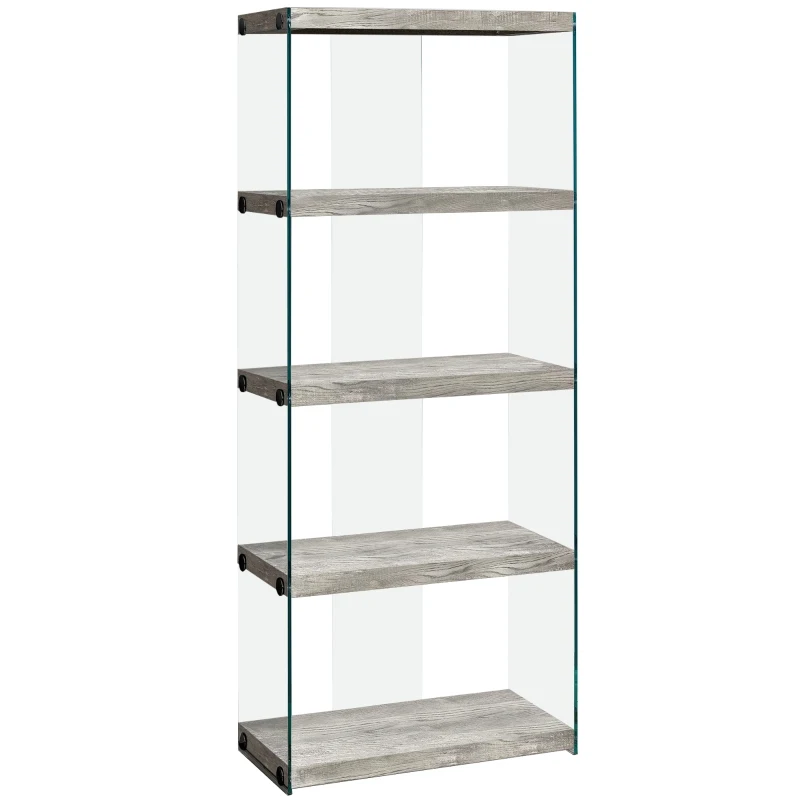 Monarch 60" H Bookcase with 4 Shelves and Glass Side Pannels - Grey Reclaimed Wood-Look / Tempered Glass