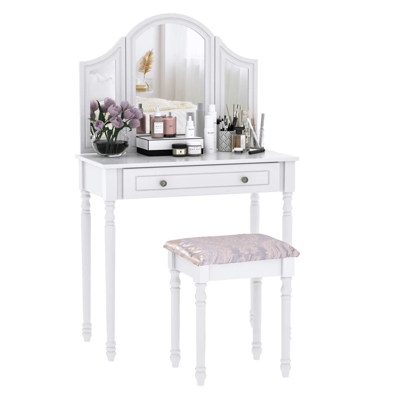 HOMCOM Luxury Wooden Vanity Table Set Makeup Table with Tri-Folding Mirror, Drawer and Padded Stool, White