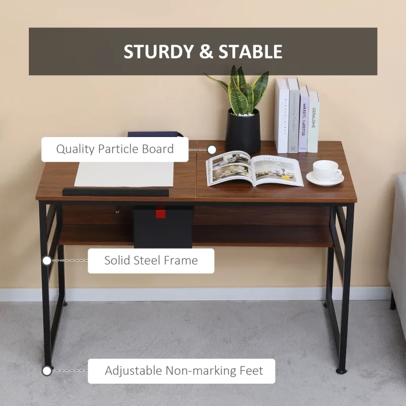 HOMCOM Drafting Table, Adjustable Drawing Desk, Multifunctional Writing Desk with 15-Level Tiltable Tabletop and Storage Shelf for Home Office, Walnut