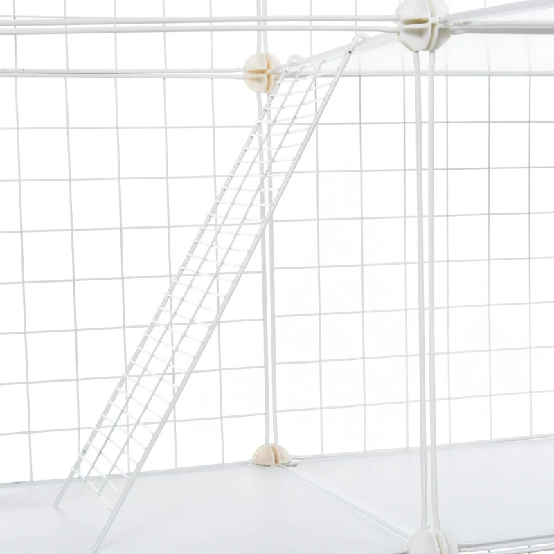 PawHut Small Animal Playpen C&C Cage Wire Bunny Pen for Kitten, Chinchillas, with Doors, Ramps and Trays, White