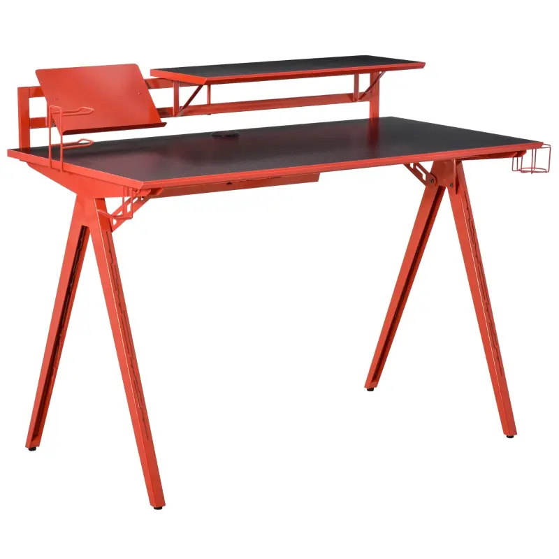 HOMCOM 53" Gaming Desk, Racing Computer Desk with Monitor Shelf, Gamepad Rack, Cup Holder, Headphone Hook, and Cable Basket, Red