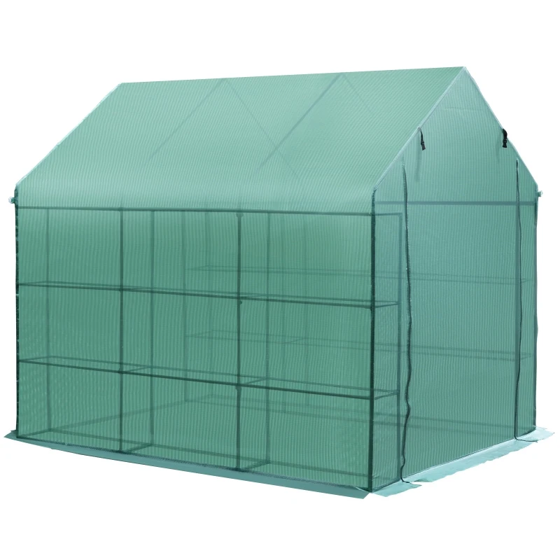 Outsunny Walk-in Greenhouse Plant Garden Hot House with 3 Tiers 18 Shelves, Roll-Up Zipper Door, Growing Shelter for Flowers, 8' x 6' x 7', Green