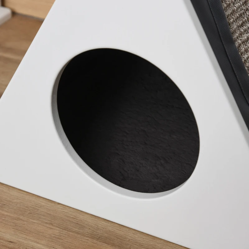 PawHut Wooden Cat House Triangle Shaped Bed Kitten Condo with Removable Cushion, Sisal Scratching Carpet, Grey and White