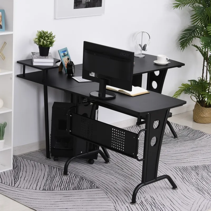 HOMCOM L-Shaped Corner Computer Office Desk Workstation with Elevated Shelf, Rolling Keyboard Tray, & Convenient CPU Stand, Black
