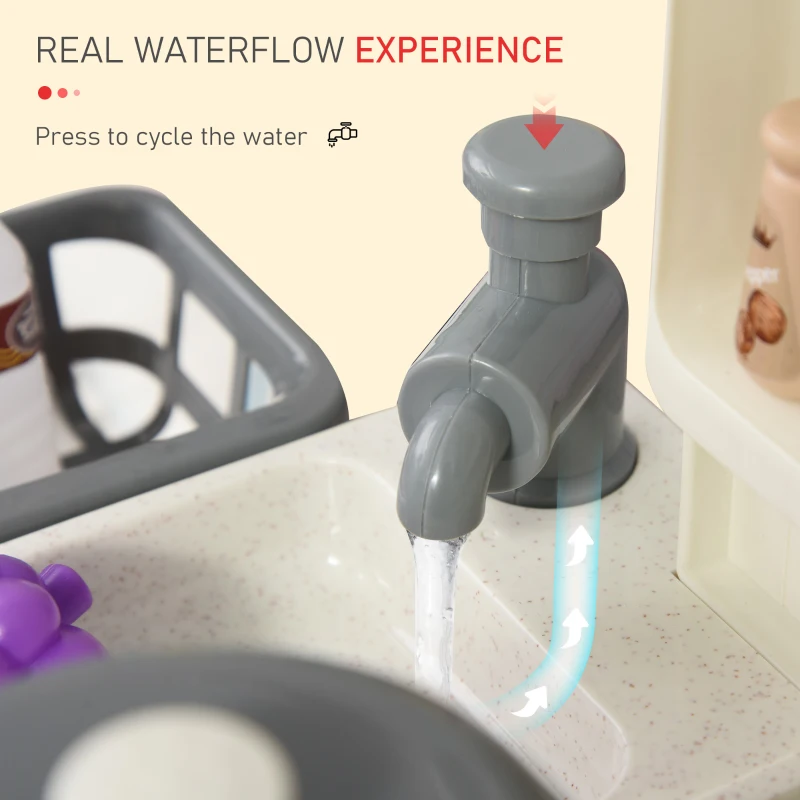 Qaba Kids Kitchen Playset with Simulation of Spray, 52-Piece Toy Kitchen Set, Pretend Play Game Sink with Real Running Water, Ages 3-6