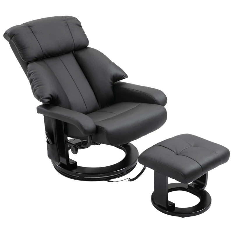 HOMCOM Massage Recliner Chair with Ottoman, 360° Swivel Recliner and Footstool, PU Leather Reclining Chair with Side Pocket and Remote Control, Black