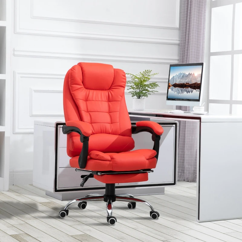 HOMCOM High Back Ergonomic Executive Office Chair, PU Leather Computer Chair with Retractable Footrest, Lumbar Support, Padded Headrest and Armrest, Red