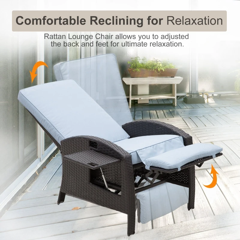 Outsunny Patio Recliner, Outdoor Reclining Chair with Flip-Up Side Table, All-Weather Wicker Metal Frame Chaise with Footrest, Cushions, Coffee, Blue