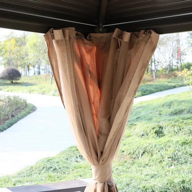 Outsunny 10' x 10' Hardtop Gazebo Canopy with Galvanized Steel Roof, Aluminum Frame, Hook, Outdoor Gazebo with Netting and Curtains for Patio, Garden, Backyard, Deck, Lawn, Light Brown