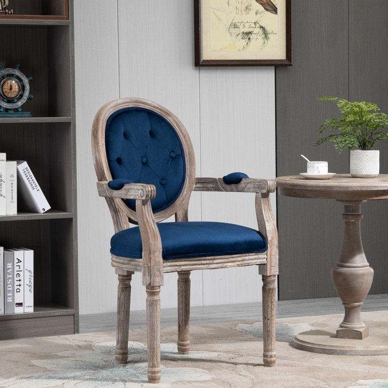 HOMCOM Vintage Frech Style Dining Chair Velvet Upholstered Seat with Solid Wood Leg Armrest for Kitchen Dining Living Room and Office Navy Blue