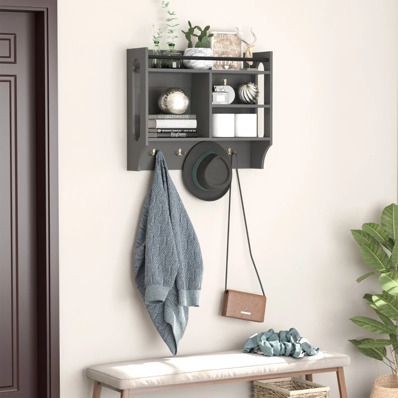 HOMCOM Wall-Mounted Floating Storage Shelf with 4 Storage Units and 4 Dual Hooks, Grey