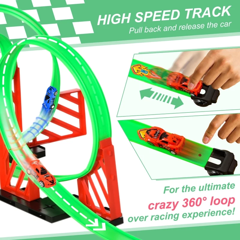 Qaba Race Track Set Track Builder Loop Kit Criss Cross Track Set Starter Kit with Pull-back Cars for 3-6 years old Boys and Girls Green