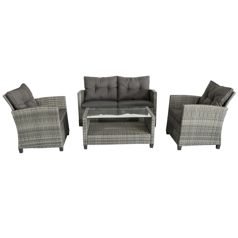 Outsunny 4 Pieces Patio Furniture Sets with Cushions, PE Rattan Wicker Conversation Chairs with Two-Tier Coffee Table for Backyard Porch Garden Poolside and Deck, Charcoal Gray