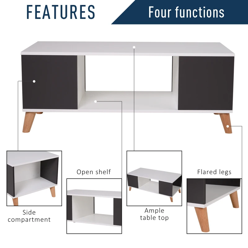 HOMCOM Scandinavian Style Modern Coffee Table Sofa Table with Open Compartment Living Room Furniture Black and White