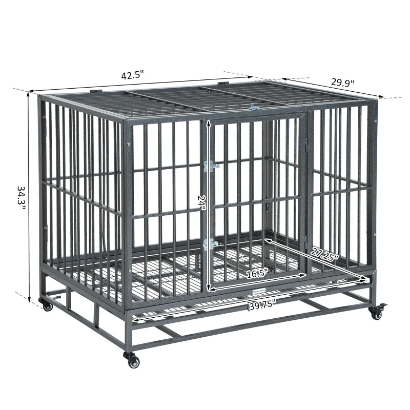 PawHut Heavy Duty Dog Cage Wheeled Pet Crate Exercise Kennel Double Door w/ Metal Tray Grey
