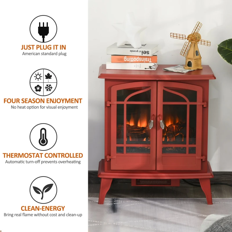 HOMCOM Electric Fireplace Heater, Fireplace Stove with Realistic LED Flames and Logs, Remote Control and Overheating Protection, 1400W, Red