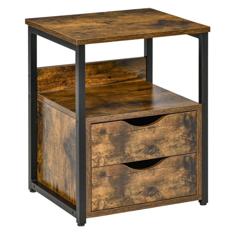 HOMCOM Industrial Side Table, End Table with 2 Storage Drawers Accent Piece for Living Room, Bedroom, Brown