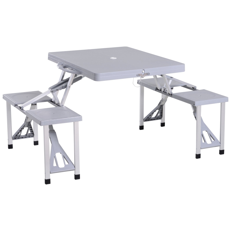 Outsunny Portable Foldable Camping Picnic Table with Seats Chairs and Umbrella Hole, 4-Person Fold Up Travel Picnic Table, Grey