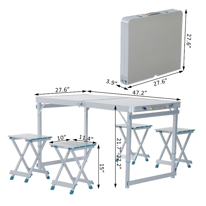 Outsunny 4' Portable Folding Picnic Table with 4 Seats Aluminum Height Adjustable Outdoor Garden Table and Chair Set, Silver