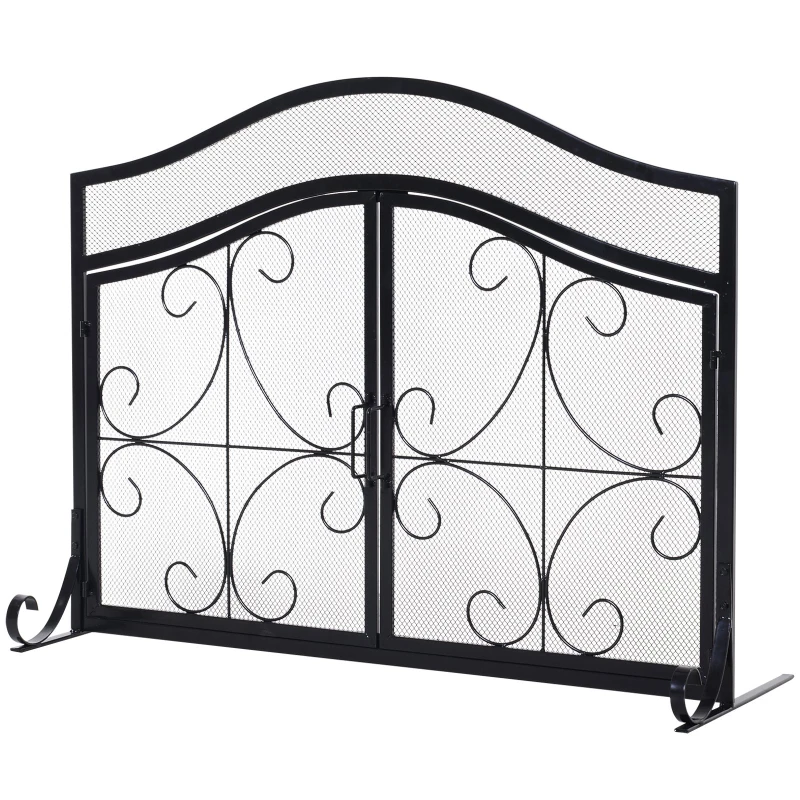 HOMCOM Fireplace Mesh Screen with Hinged Magnetic Doors and Standing Decorative Scrollwork