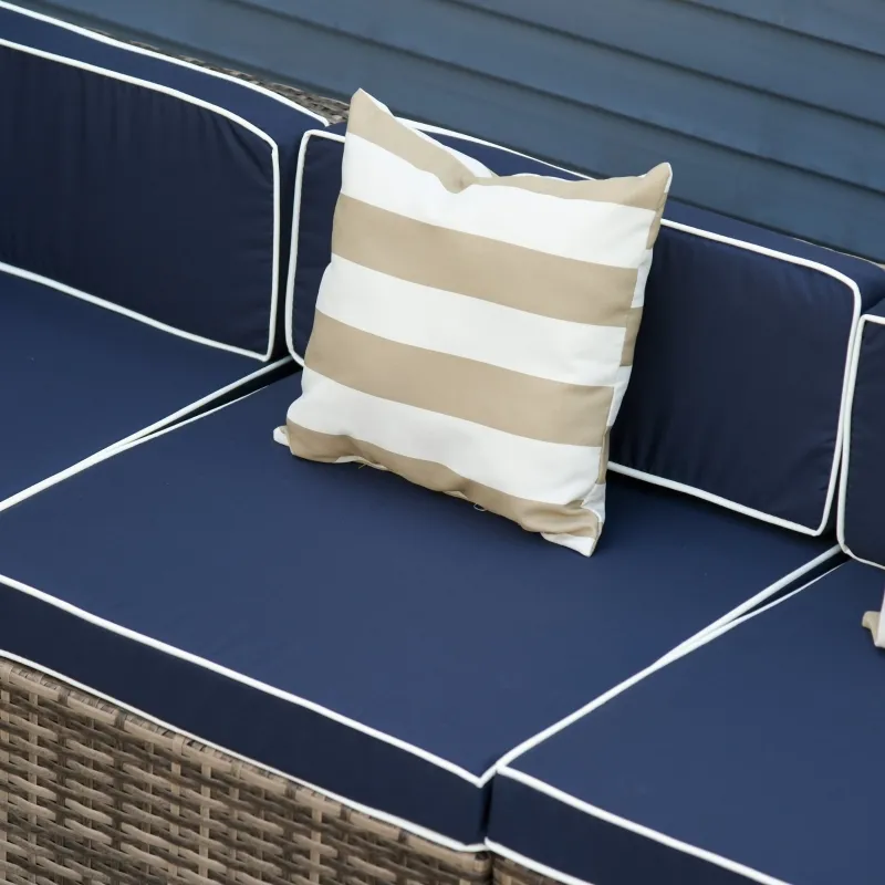 Outsunny 7-Piece Outdoor Wicker Patio Sofa Set, Modern Rattan Conversation Furniture Set with Cushions, Pillows and Tea Table - Blue