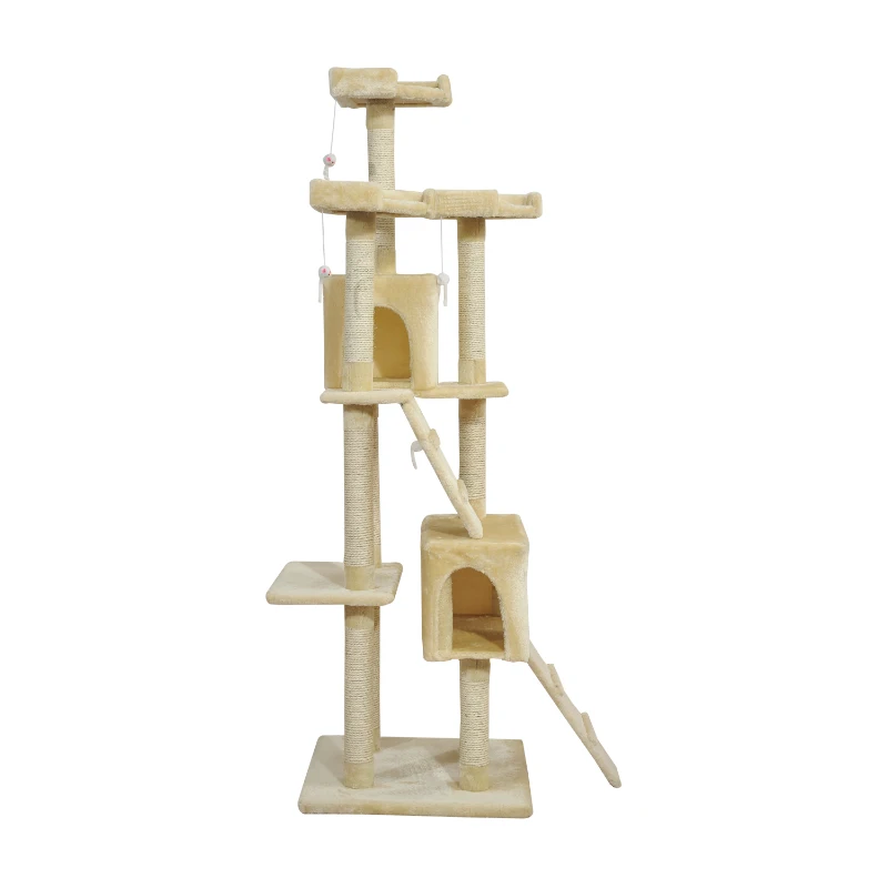 PawHut 71in Deluxe Multi-Level Scratching Cat Tree Play House with Two Condos and Toys Beige