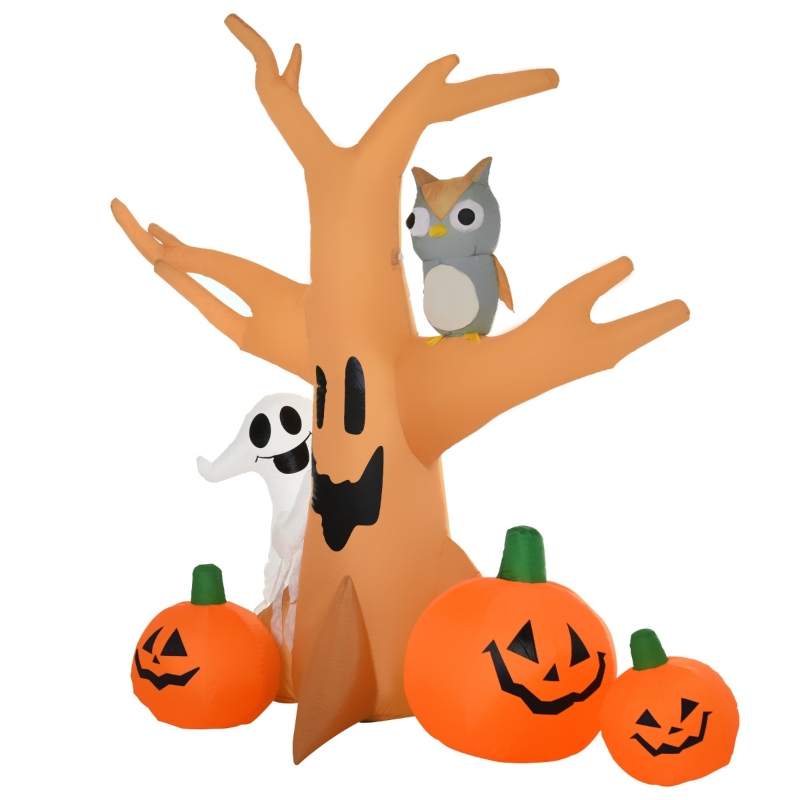 HomCom 7.5' Tall Outdoor Lighted Inflatable Halloween Decoration - Haunted Tree with Owl / Ghost / Pumpkins