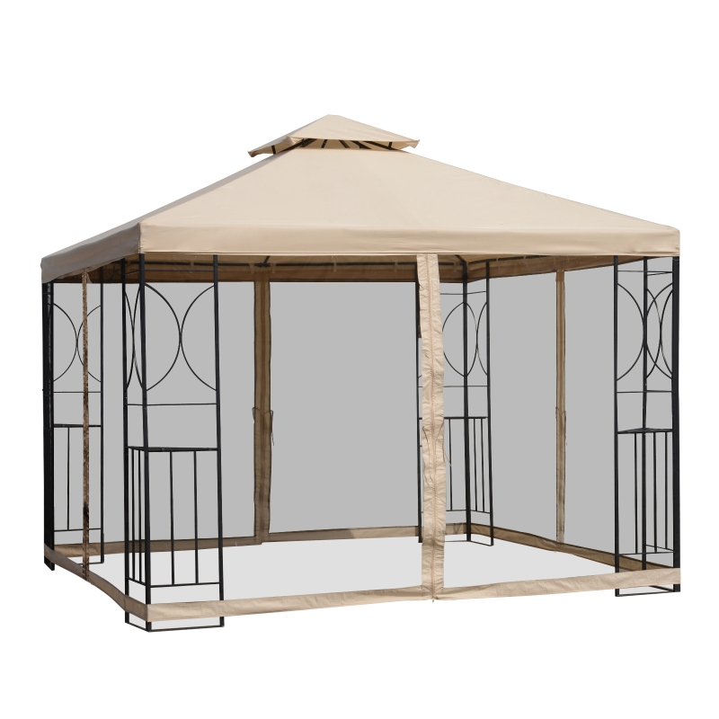 Outsunny 10' x 10' Steel Fabric Square Outdoor Gazebo with Mosquito Netting - Sand