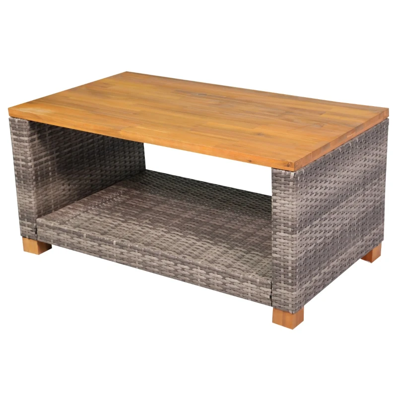 Outsunny 4 Piece Patio PE Rattan Wicker Sofa Set with Acacia Wood Coffee Table, 2 Comfort Single Chairs & 2 Person Couch