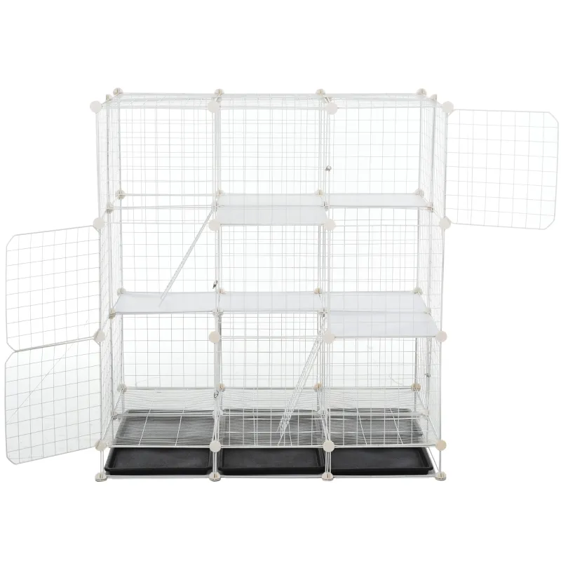 PawHut Small Animal Playpen C&C Cage Wire Bunny Pen for Kitten, Chinchillas, with Doors, Ramps and Trays, White