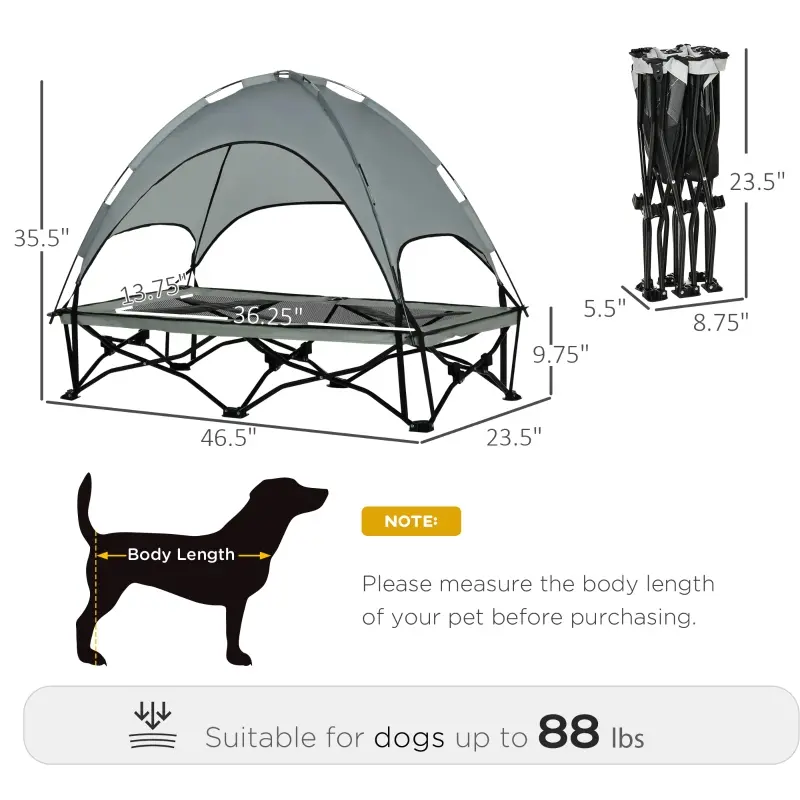 PawHut 46" Elevated Ventilated Cooling Pet Dog Bed w/ Canopy Shade Cover, Travel Bag, Silver