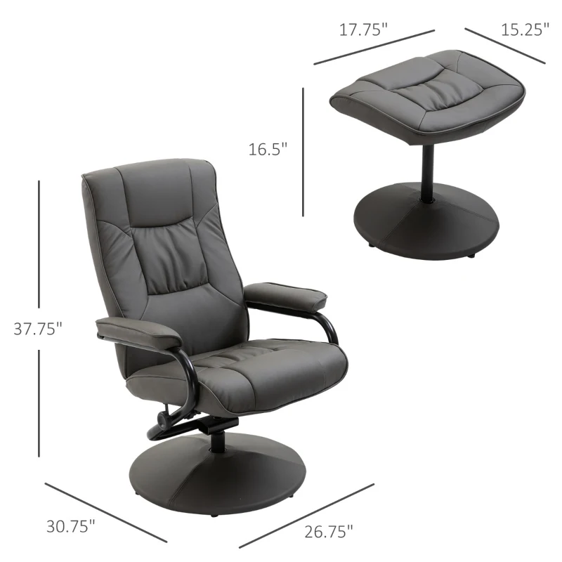 HOMCOM Adjustable Leisure Recliner Chair and Ottoman Set with Swiveling Base, Faux Leather, Grey