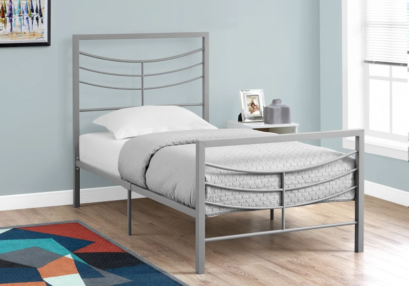 Monarch 41" Contemporary Curved Horizontal Slat Metal Bed Frame - Twin Size - Silver Finish