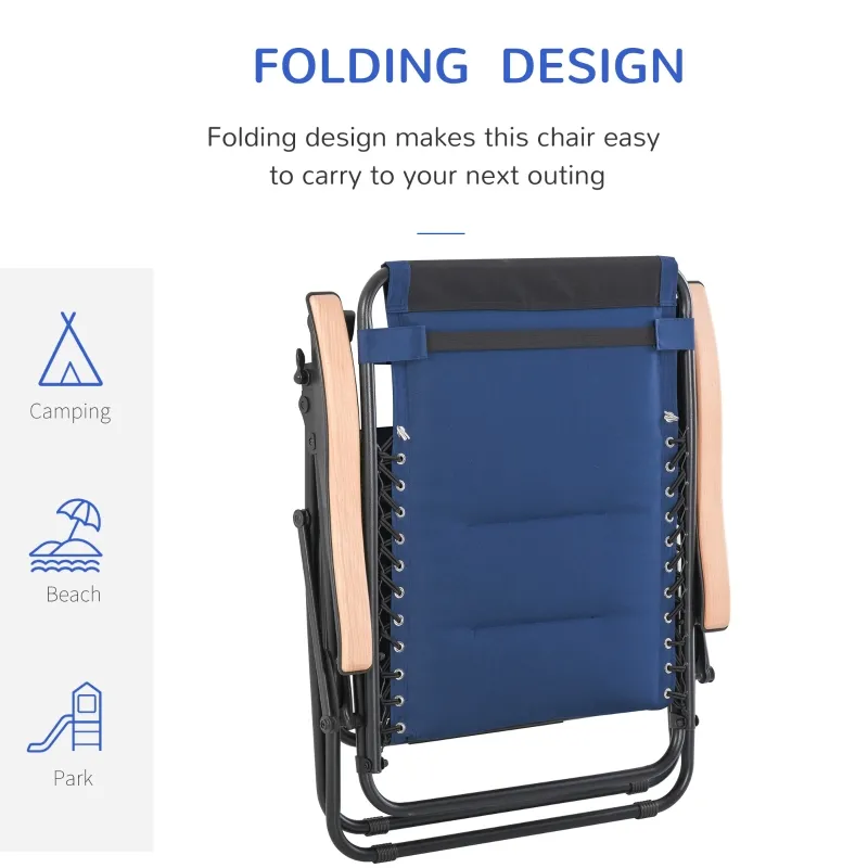 Outsunny Foldable Outdoor Lounge Chair with Footrest, Oversized Padded Zero Gravity Lounge Chair with Headrest, Cup Holders, Armrests for Camping, Lawn, Garden, Pool, Blue
