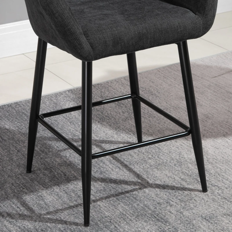 HOMCOM Counter Height Bar Stool Linen Fabric Upholstered Barstool Kitchen Breaskfast Chair with Footrest & Metal Legs, Dark Grey