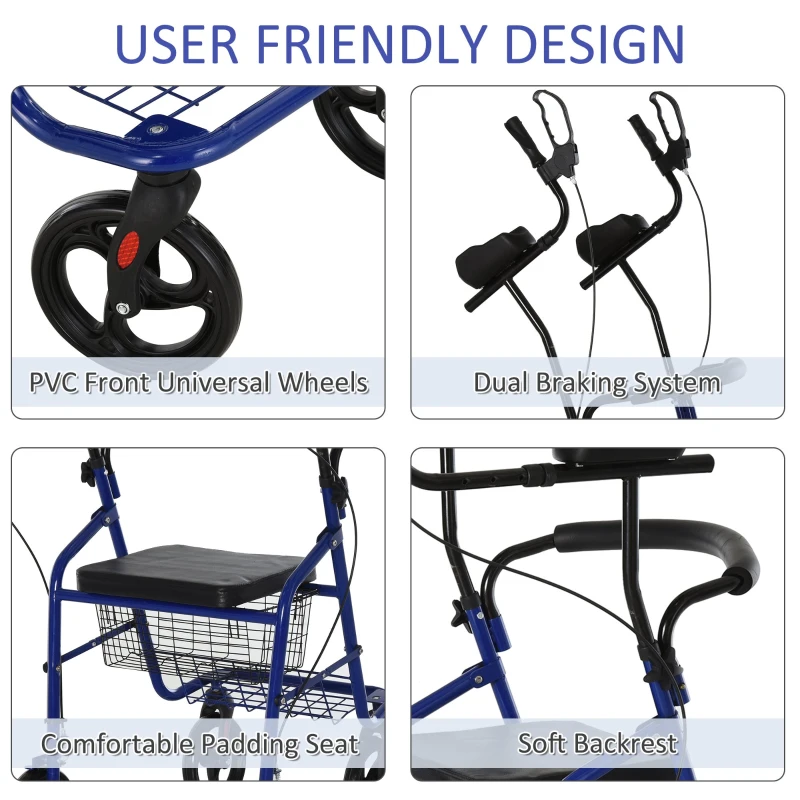 HOMCOM Adjustable Rollator Walker for Seniors with a Foldable Comfort Design, Steel Handbrakes, & Storage Space